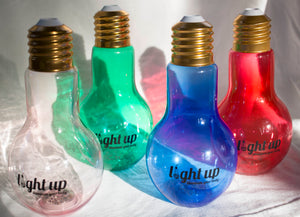 Hue Blue LightUp 500ml Plastic Lightbulb Shaped Bottle with 7 Pattern LED Lights- Black Logo